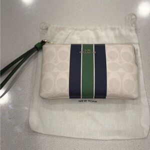 Coach White Wristlet with Green and Blue Stripes